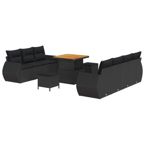 10-teilige Garten Sofa Set mit Kissen Schwarz Poly Rattan Akazie, 3-teilige Garten Essgruppe mit Kissen Schwarz Poly Rattan Akazie