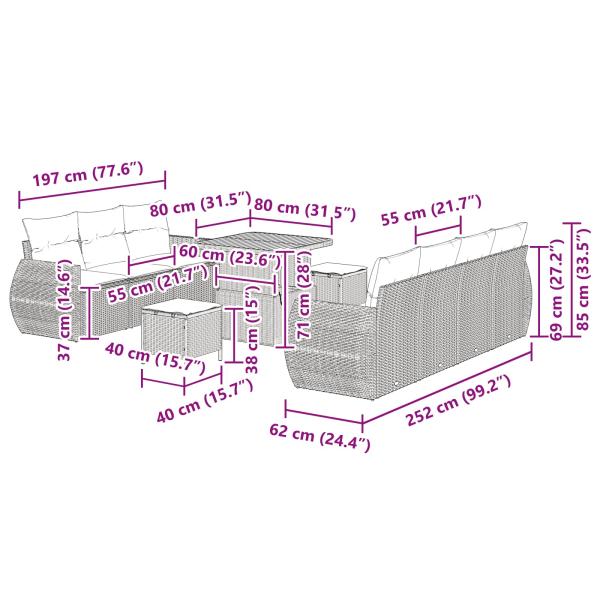 10-teilige Garten Sofa Set mit Kissen Schwarz Poly Rattan Akazie, 3-teilige Garten Essgruppe mit Kissen Schwarz Poly Rattan Akazie
