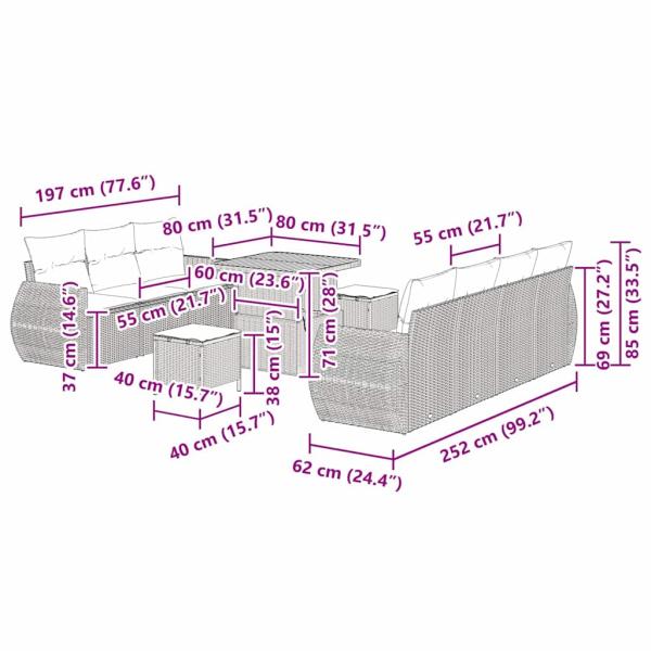 10-teiliges Garten Sofa Set mit Kissen Beige Poly Rattan Akazie, 3-teiliges Garten Essset mit Kissen Beige Poly Rattan Akazie