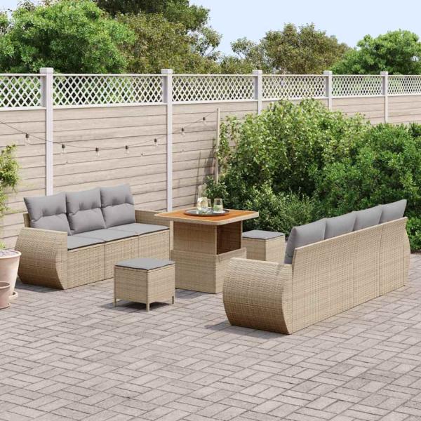 10-teiliges Garten Sofa Set mit Kissen Beige Poly Rattan Akazie, 3-teiliges Garten Essset mit Kissen Beige Poly Rattan Akazie