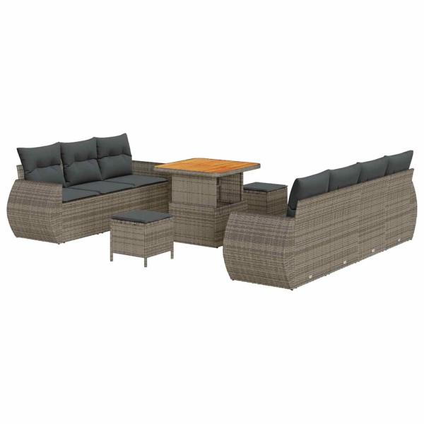 10-teiliges Garten-Sofa-Set mit Kissen - Graues Poly-Rattan & Akazie, 3-teiliges Garten-Ess-Set mit Kissen - Graues Poly-Rattan & Akazie