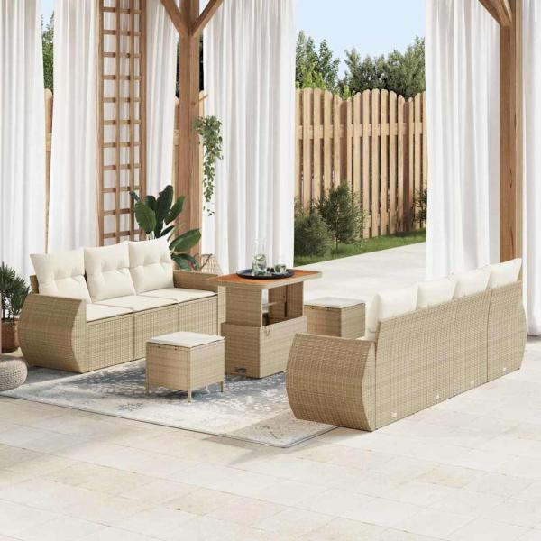 ARDEBO.de - 10-teiliges Garten Sofa Set mit Kissen Beige Poly Rattan Akazie, 3-teiliges Garten Essset mit Kissen Beige Poly Rattan Akazie