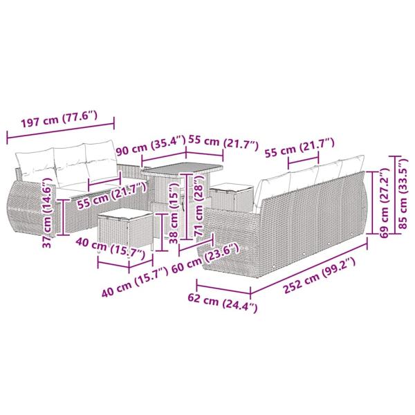 ARDEBO.de - 10-teiliges Garten Sofaset mit Kissen Beige Poly Rattan Akazie, 3-teiliges Garten Esstischset mit Kissen Beige Poly Rattan Akazie