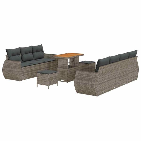 10-teiliges Garten-Sofaset mit Kissen Grau Poly-Rattan Akazie, 3-teiliges Garten-Essgruppe mit Kissen Grau Poly-Rattan Akazie