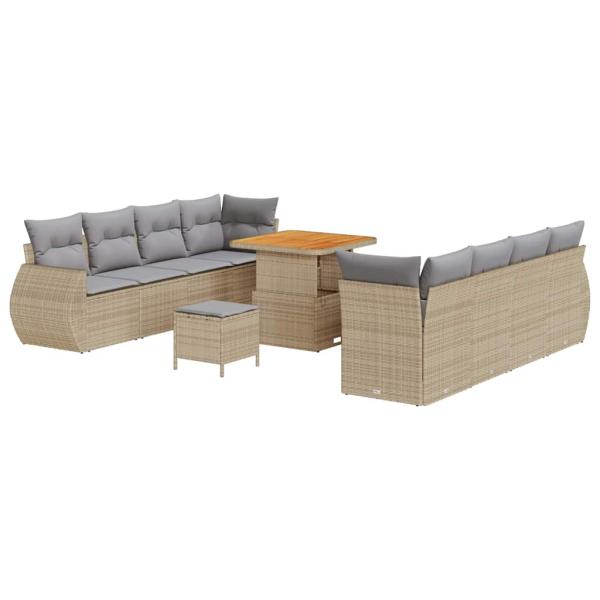 ARDEBO.de - 11-teiliges Garten Sofa Set mit Kissen Beige Poly Rattan Akazie, 3-teiliges Garten Ess Set mit Kissen Beige Poly Rattan Akazie