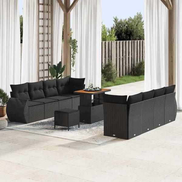 ARDEBO.de - 11-teiliges Garten-Sofa-Set mit Kissen Schwarz Poly-Rattan Akazie, 3-teiliges Garten-Ess-Set mit Kissen Schwarz Poly-Rattan Akazie