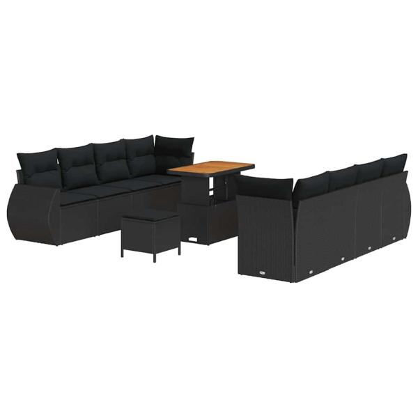 11-teiliges Garten-Sofa-Set mit Kissen Schwarz Poly-Rattan Akazie, 3-teiliges Garten-Ess-Set mit Kissen Schwarz Poly-Rattan Akazie