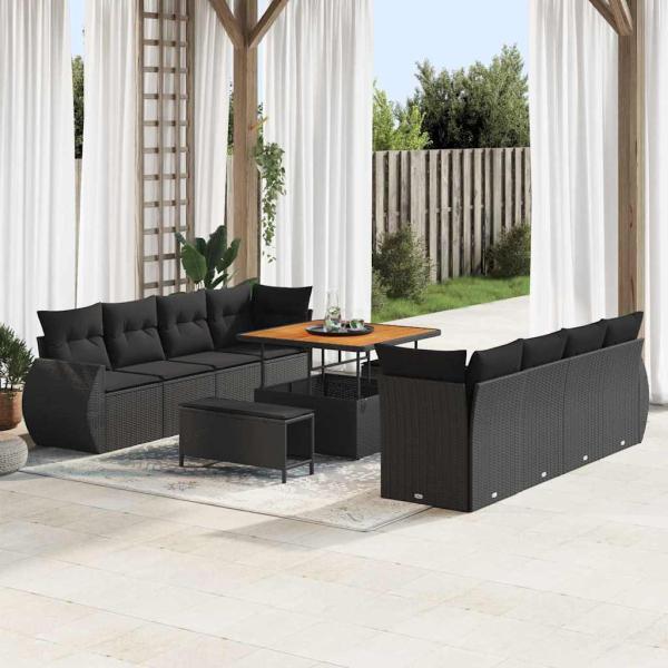 ARDEBO.de - 11-teiliges Garten Sofa Set mit Kissen Schwarz Poly Rattan Akazie, 3-teiliges Garten Essgruppe mit Kissen Schwarz Poly Rattan Akazie