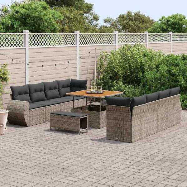 11-teiliges Gartensofa-Set mit Kissen Grau Poly Rattan Akazie, 3-teiliges Garten-Esszimmer-Set mit Kissen Grau Poly Rattan Akazie