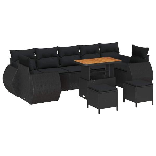 10-teiliges Garten-Sofa-Set mit Kissen Schwarz Poly Rattan Akazie, 3-teiliges Garten-Esszimmer-Set mit Kissen Schwarz Poly Rattan Akazie