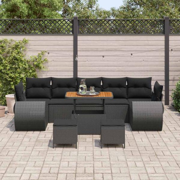 10-teiliges Garten-Sofa-Set mit Kissen Schwarz Poly Rattan Akazie, 3-teiliges Garten-Esszimmer-Set mit Kissen Schwarz Poly Rattan Akazie