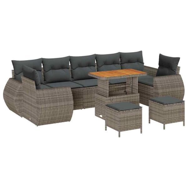 10-teiliges Garten Sofa Set mit Kissen Grau Poly Rattan Akazie, 3-teiliges Garten Essenset mit Kissen Grau Poly Rattan Akazie