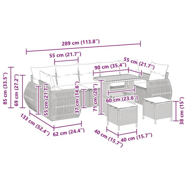 10-teiliges Garten Sofa Set mit Kissen Grau Poly Rattan Akazie, 3-teiliges Garten Essenset mit Kissen Grau Poly Rattan Akazie
