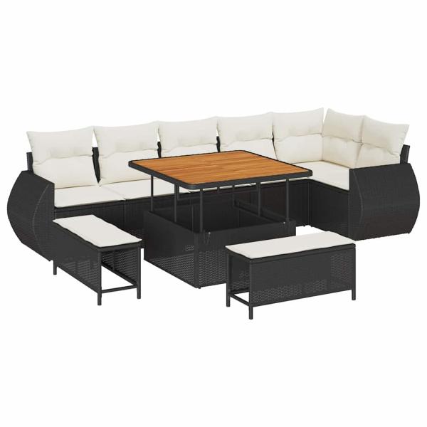 9-teiliges Garten-Sofa-Set mit Kissen, Schwarzes Poly-Rattan, Akazie, 3-teiliges Garten-Ess-Set mit Kissen, Schwarzes Poly-Rattan, Akazie
