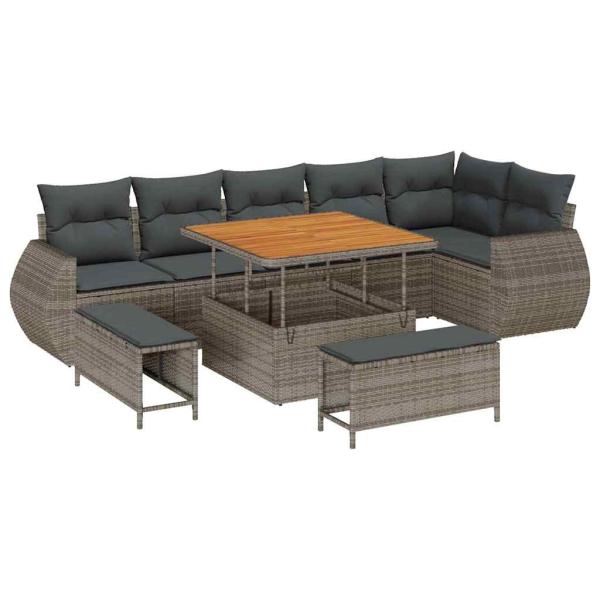 9-teiliges Garten Sofa Set mit Kissen Grau Poly Rattan Akazie, 3-teiliges Garten Esszimmer Set mit Kissen Grau Poly Rattan Akazie