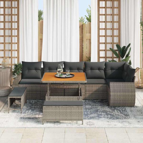9-teiliges Garten Sofa Set mit Kissen Grau Poly Rattan Akazie, 3-teiliges Garten Esszimmer Set mit Kissen Grau Poly Rattan Akazie