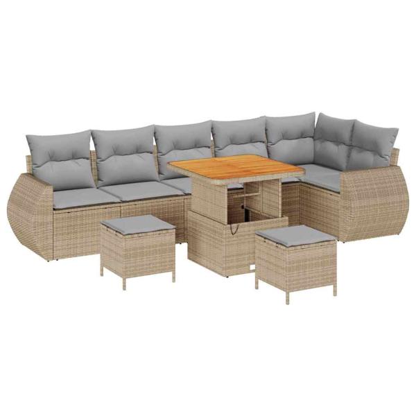 9-Teiliges Garten Sofa Set mit Kissen Beige Poly Rattan Akazie, 3-Teiliges Garten Essset mit Kissen Beige Poly Rattan Akazie