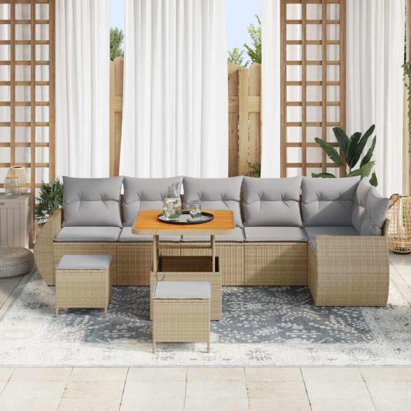 9-Teiliges Garten Sofa Set mit Kissen Beige Poly Rattan Akazie, 3-Teiliges Garten Essset mit Kissen Beige Poly Rattan Akazie