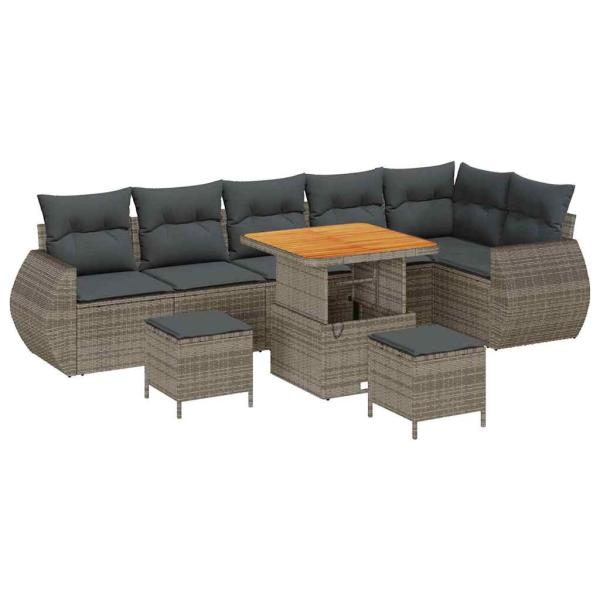 9-teiliges Garten-Sofa-Set mit Kissen Grau Poly-Rattan Akazie, 3-teiliges Garten-Ess-Set mit Kissen Grau Poly-Rattan Akazie