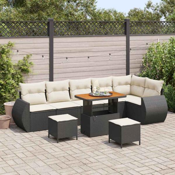 ARDEBO.de - 9-teiliges Garten Sofa Set mit Kissen Schwarz Poly Rattan Akazie, 3-teiliges Garten Esstisch Set mit Kissen Schwarz Poly Rattan Akazie