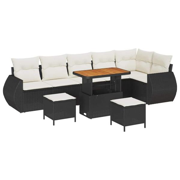 9-teiliges Garten Sofa Set mit Kissen Schwarz Poly Rattan Akazie, 3-teiliges Garten Esstisch Set mit Kissen Schwarz Poly Rattan Akazie