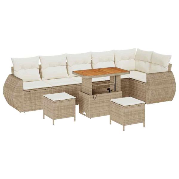 9-teiliges Garten Sofa Set mit Kissen Beige Poly Rattan Akazie, 3-teiliges Garten Esszimmer Set mit Kissen Beige Poly Rattan Akazie