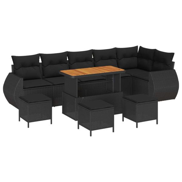 ARDEBO.de - 10-teiliges Garten Sofa Set mit Kissen Schwarz Poly Rattan Akazie, 4-teiliges Garten Essbereich Set mit Kissen Schwarz Poly Rattan Akazie