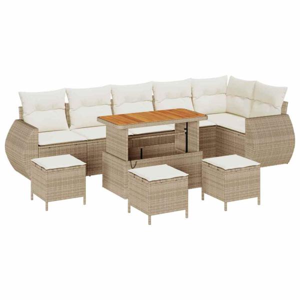 10-teiliges Garten Sofa Set mit Kissen Beige Poly Rattan Akazie, 4-teiliges Garten Esszimmer Set mit Kissen Beige Poly Rattan Akazie