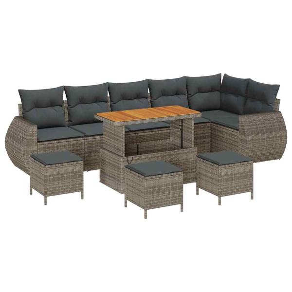 10-teiliges Garten-Sofa-Set mit Kissen Grau Poly-Rattan Akazie, 4-teiliges Garten-Ess-Set mit Kissen Grau Poly-Rattan Akazie