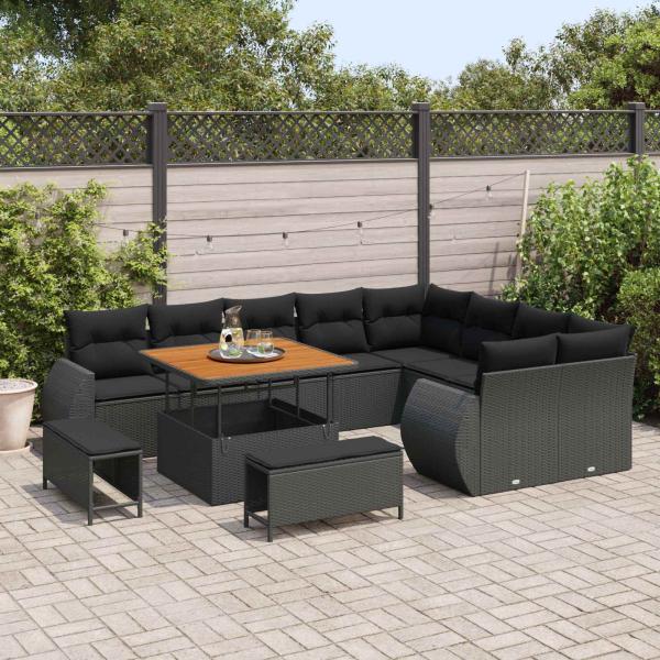 12-teiliges Garten Sofa Set mit Kissen Schwarz Poly Rattan Akazie, 3-teiliges Garten Esstisch Set mit Kissen Schwarz Poly Rattan Akazie