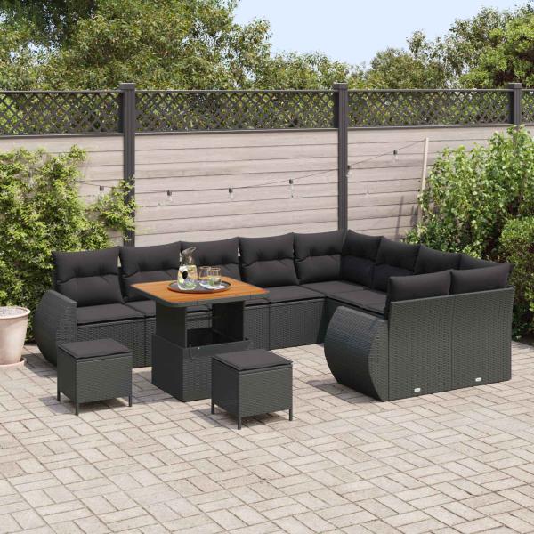 12-teiliges Garten-Sofa-Set mit Kissen Schwarz Poly-Rattan Akazie, 3-teiliges Garten-Dining-Set mit Kissen Schwarz Poly-Rattan Akazie
