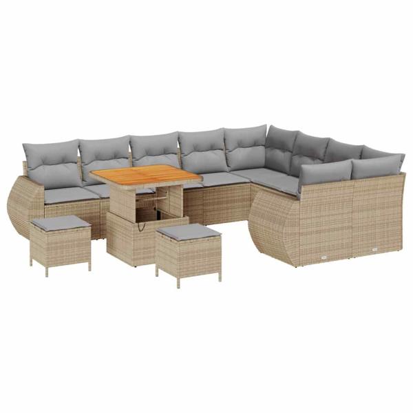 12-teiliges Gartensofaset mit Kissen Beige Poly Rattan Akazie, 3-teiliges Garten Essset mit Kissen Beige Poly Rattan Akazie