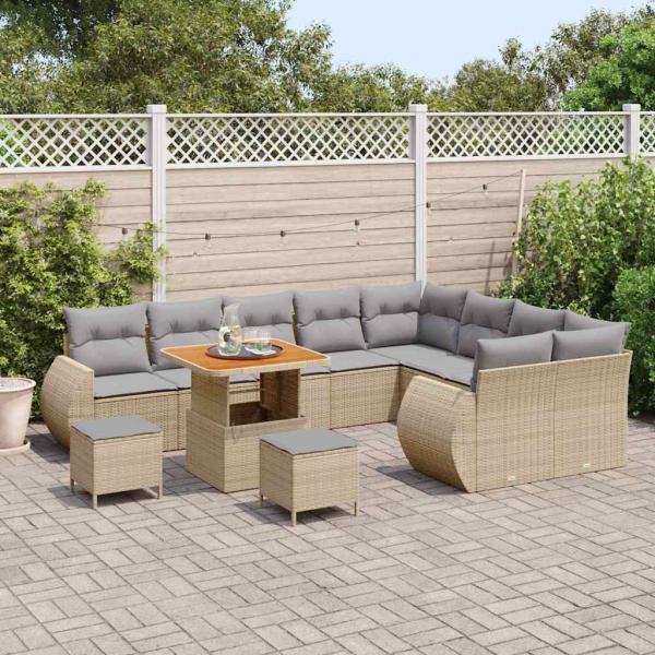 12-teiliges Gartensofaset mit Kissen Beige Poly Rattan Akazie, 3-teiliges Garten Essset mit Kissen Beige Poly Rattan Akazie