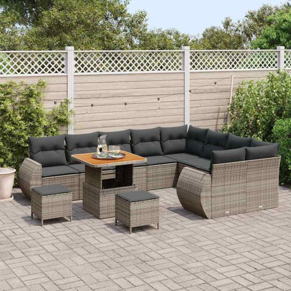 ARDEBO.de - 12-teiliges Garten Sofaset mit Kissen Grau Poly Rattan Akazie, 3-teiliges Garten Esstischset mit Kissen Grau Poly Rattan Akazie