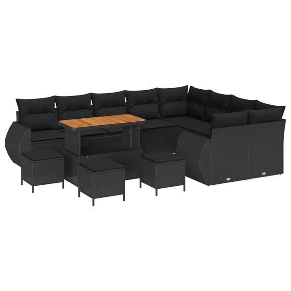 13-teiliges Garten Sofa Set mit Kissen Schwarz Poly Rattan Akazie, 4-teiliges Garten Essset mit Kissen Schwarz Poly Rattan Akazie