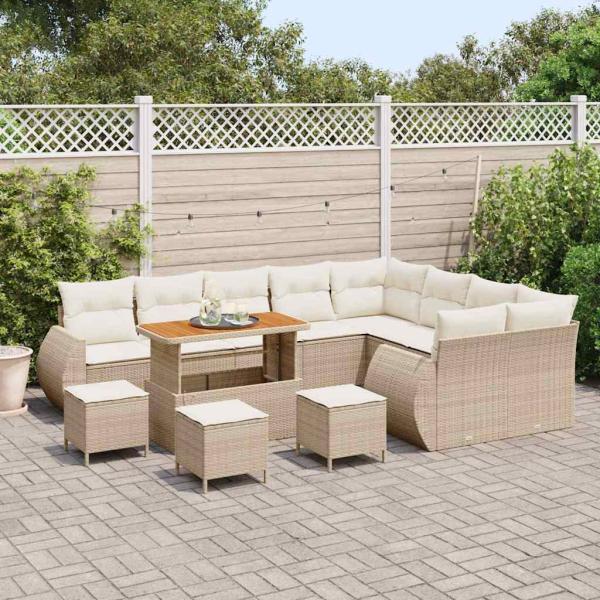 13-teiliges Garten Sofa Set mit Kissen Beige Poly Rattan Akazie, 4-teiliges Garten Esstisch Set mit Kissen Beige Poly Rattan Akazie