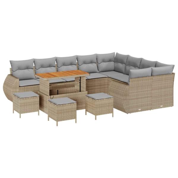 13-teiliges Garten Sofa Set mit Kissen Beige Poly Rattan Akazie, 4-teiliges Garten Esszimmer Set mit Kissen Beige Poly Rattan Akazie