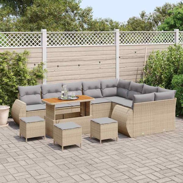 13-teiliges Garten Sofa Set mit Kissen Beige Poly Rattan Akazie, 4-teiliges Garten Esszimmer Set mit Kissen Beige Poly Rattan Akazie