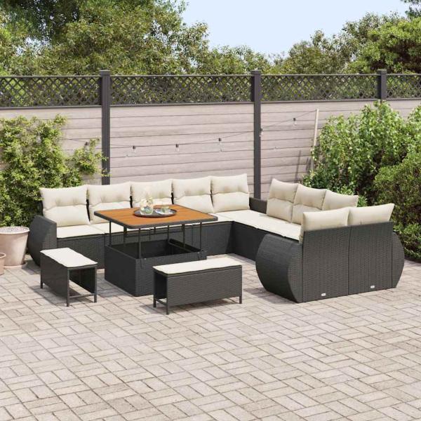 13-teiliges Garten Sofa Set mit Kissen Schwarz Poly Rattan Akazie, 3-teiliges Garten Essenset mit Kissen Schwarz Poly Rattan Akazie