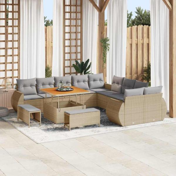ARDEBO.de - 13-teiliges Garten Sofa Set mit Kissen Beige Poly Rattan Akazie, 3-teiliges Garten Essset mit Kissen Beige Poly Rattan Akazie