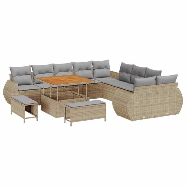 13-teiliges Garten Sofa Set mit Kissen Beige Poly Rattan Akazie, 3-teiliges Garten Essset mit Kissen Beige Poly Rattan Akazie