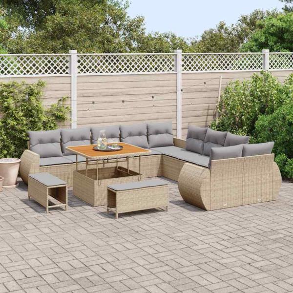 13-teiliges Garten Sofa Set mit Kissen Beige Poly Rattan Akazie, 3-teiliges Garten Essset mit Kissen Beige Poly Rattan Akazie