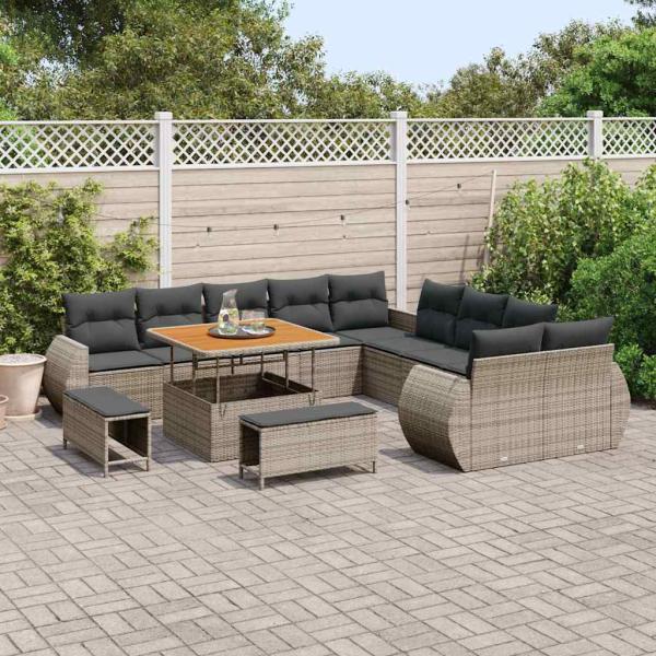 13-teiliges Garten Sofa Set mit Kissen graues Poly Rattan Akazie, 3-teiliges Garten Ess-Set mit Kissen graues Poly Rattan Akazie