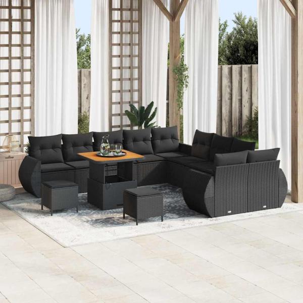 13-teiliges Garten Sofa Set mit Kissen Schwarz Poly Rattan Akazie, 3-teiliges Garten Esstisch Set mit Kissen Schwarz Poly Rattan Akazie