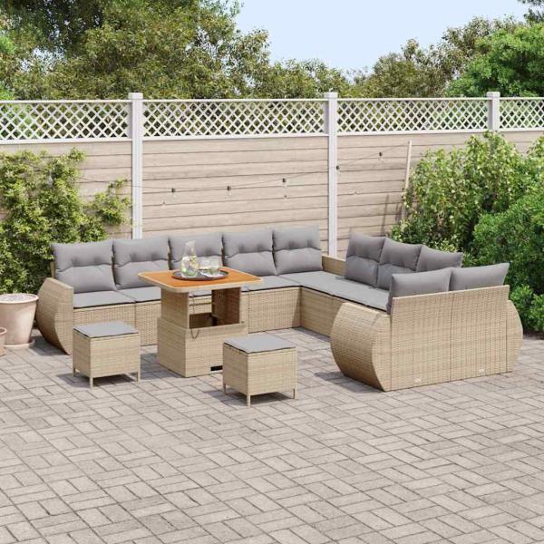 ARDEBO.de - 13-teiliges Garten Sofa Set mit Kissen Beige Poly Rattan Akazie, 3-teiliges Garten Ess-Set mit Kissen Beige Poly Rattan Akazie