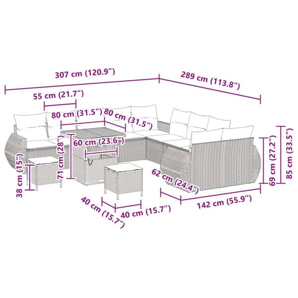 13-teiliges Garten Sofa Set mit Kissen Grau Poly Rattan Akazie, 3-teiliges Garten Esstisch Set mit Kissen Grau Poly Rattan Akazie