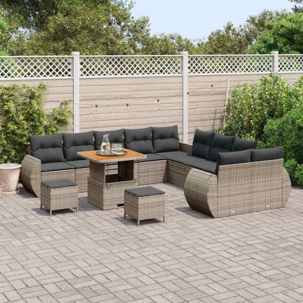 13-teiliges Garten Sofa Set mit Kissen Grau Poly Rattan Akazie, 3-teiliges Garten Esstisch Set mit Kissen Grau Poly Rattan Akazie