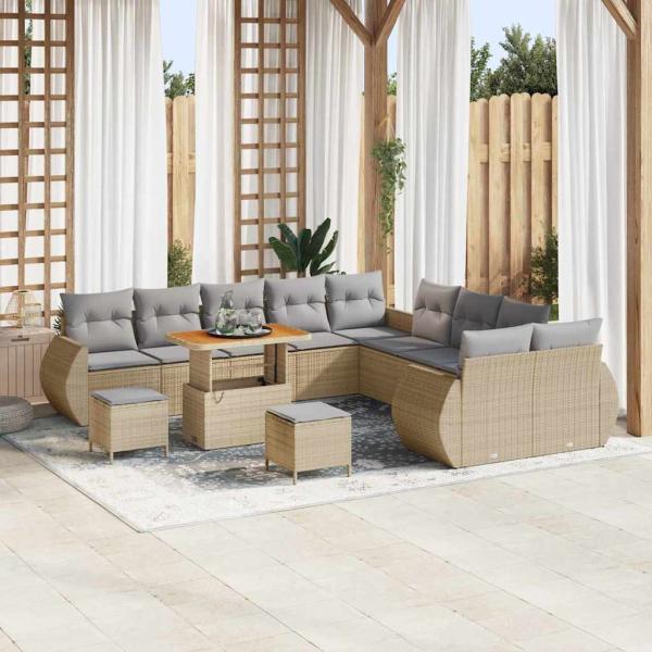 ARDEBO.de - 13-teiliges Garten-Sofa-Set mit Kissen Beige Poly Rattan Akazie, 3-teiliges Garten-Esszimmer-Set mit Kissen Beige Poly Rattan Akazie
