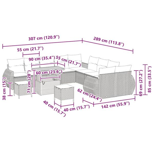 13-teiliges Garten-Sofa-Set mit Kissen Beige Poly Rattan Akazie, 3-teiliges Garten-Esszimmer-Set mit Kissen Beige Poly Rattan Akazie