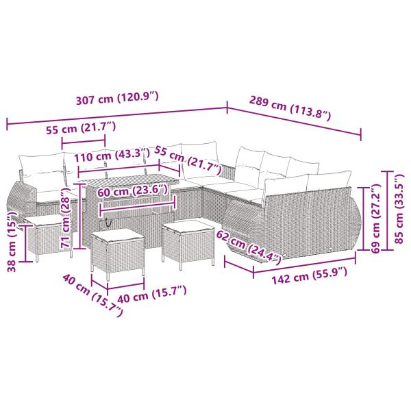 14-teiliges Garten-Sofa-Set mit Kissen Schwarz Poly Rattan Akazie, 4-teiliges Garten-Ess-Set mit Kissen Schwarz Poly Rattan Akazie